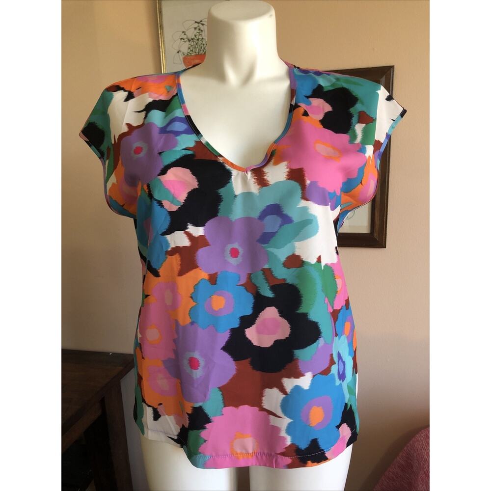 Lili Sidonio Floral V-Neck Blouse Cap Sleeve Artsy Boho Top Large Blue Pink